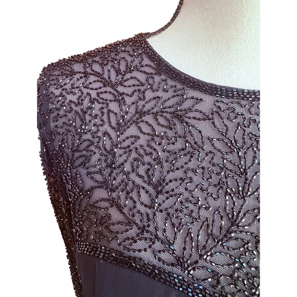 Oleg Cassini Black Tie Beaded Long Sleeve Cocktail Dress Black Size 4 Small - Picture 4 of 10